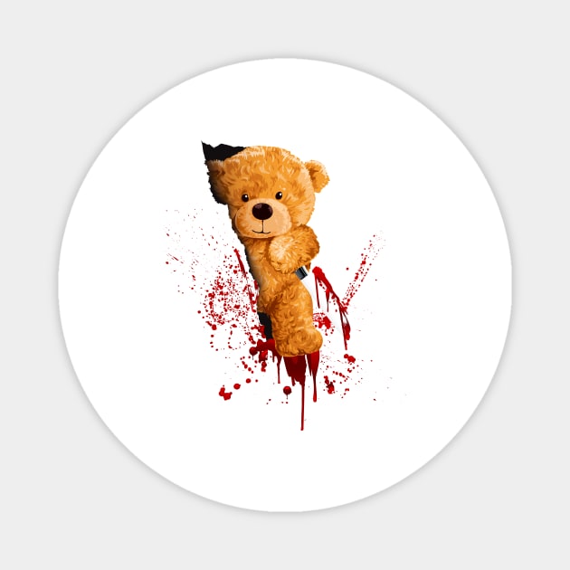 Horror Teddy Bear Cuts Through Shirt With Knife Magnet by Foxxy Merch